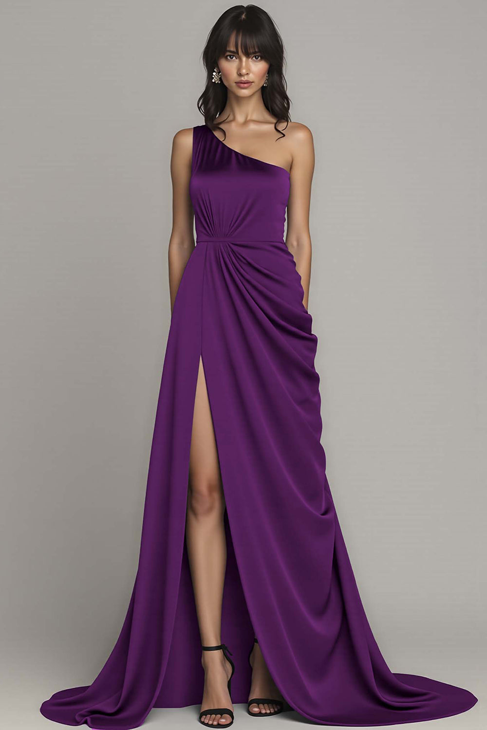 Black Satin One Shoulder A Line Long Formal Dress with Slit