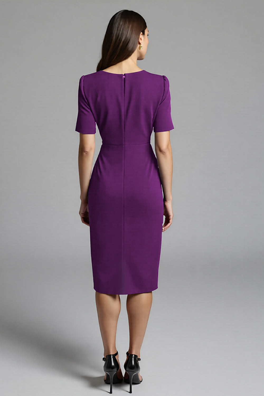 Navy Bodycon V-Neck Midi Satin Work Dress with Short Sleeves