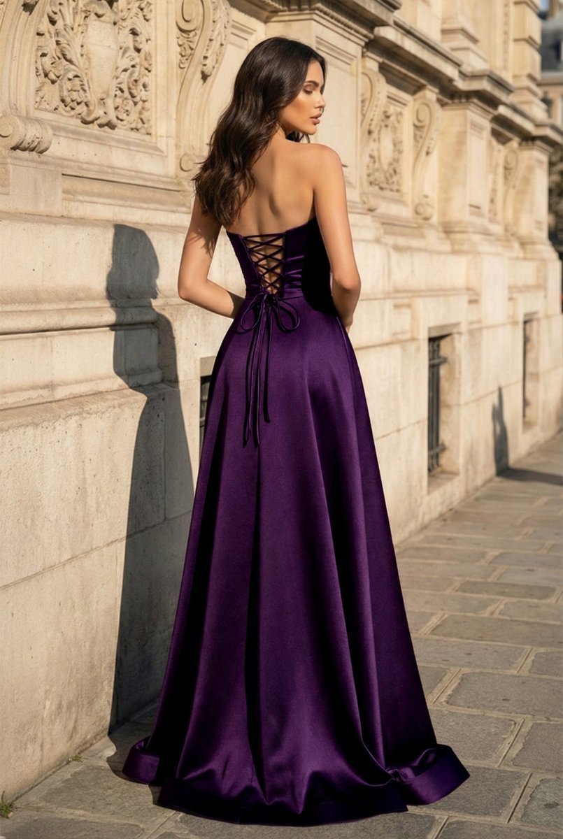 A Line Black Strapless Satin Prom Dresses With Slit