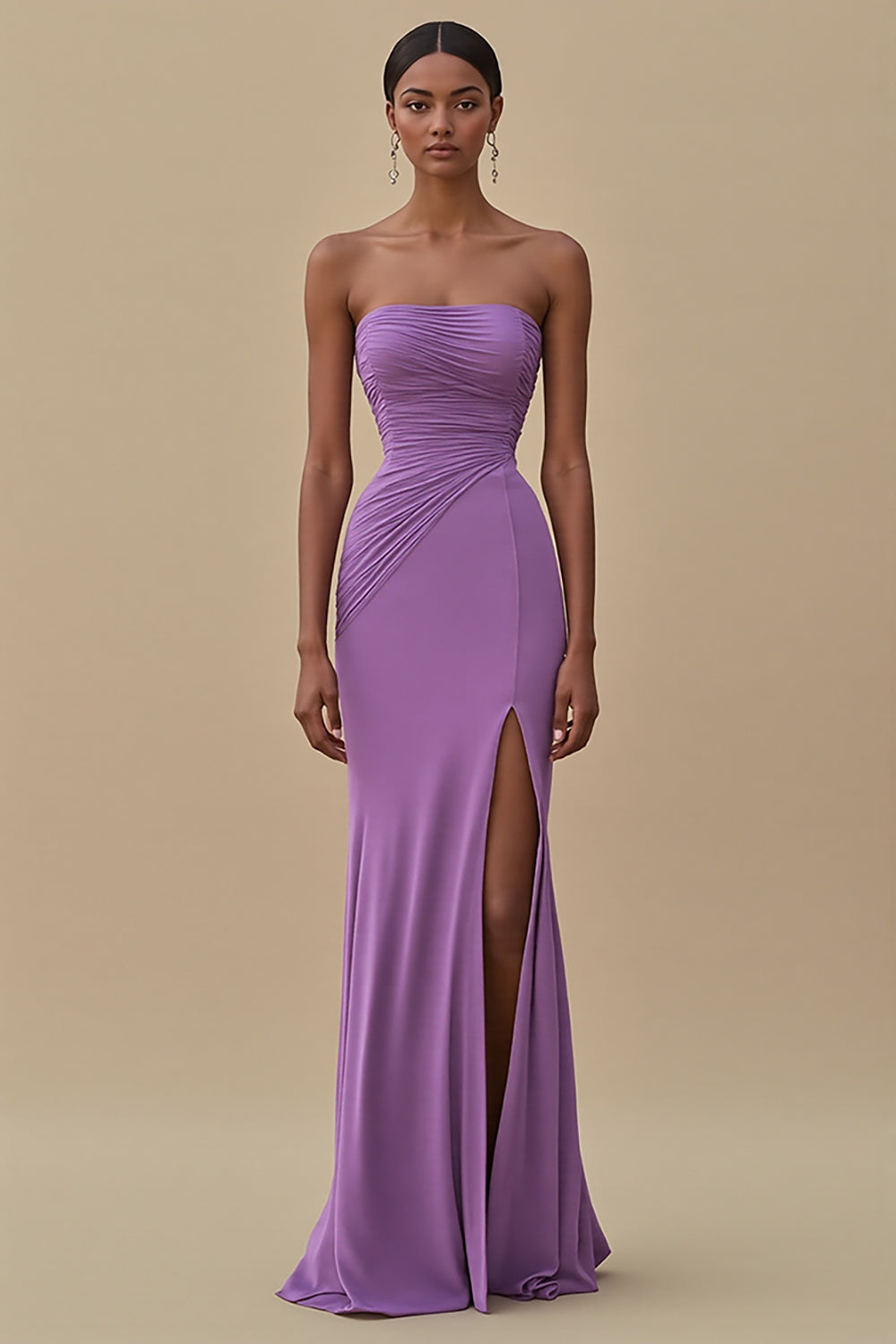 Elegant Black Chiffon Sheath Strapless Ruched Long Formal Dress with Slit
