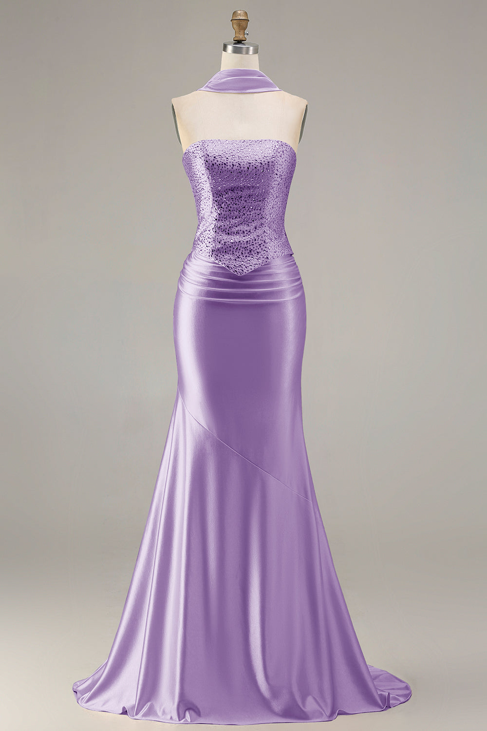 Sparkly Champagne Mermaid Neck Scarf Long Prom Dress with Beading