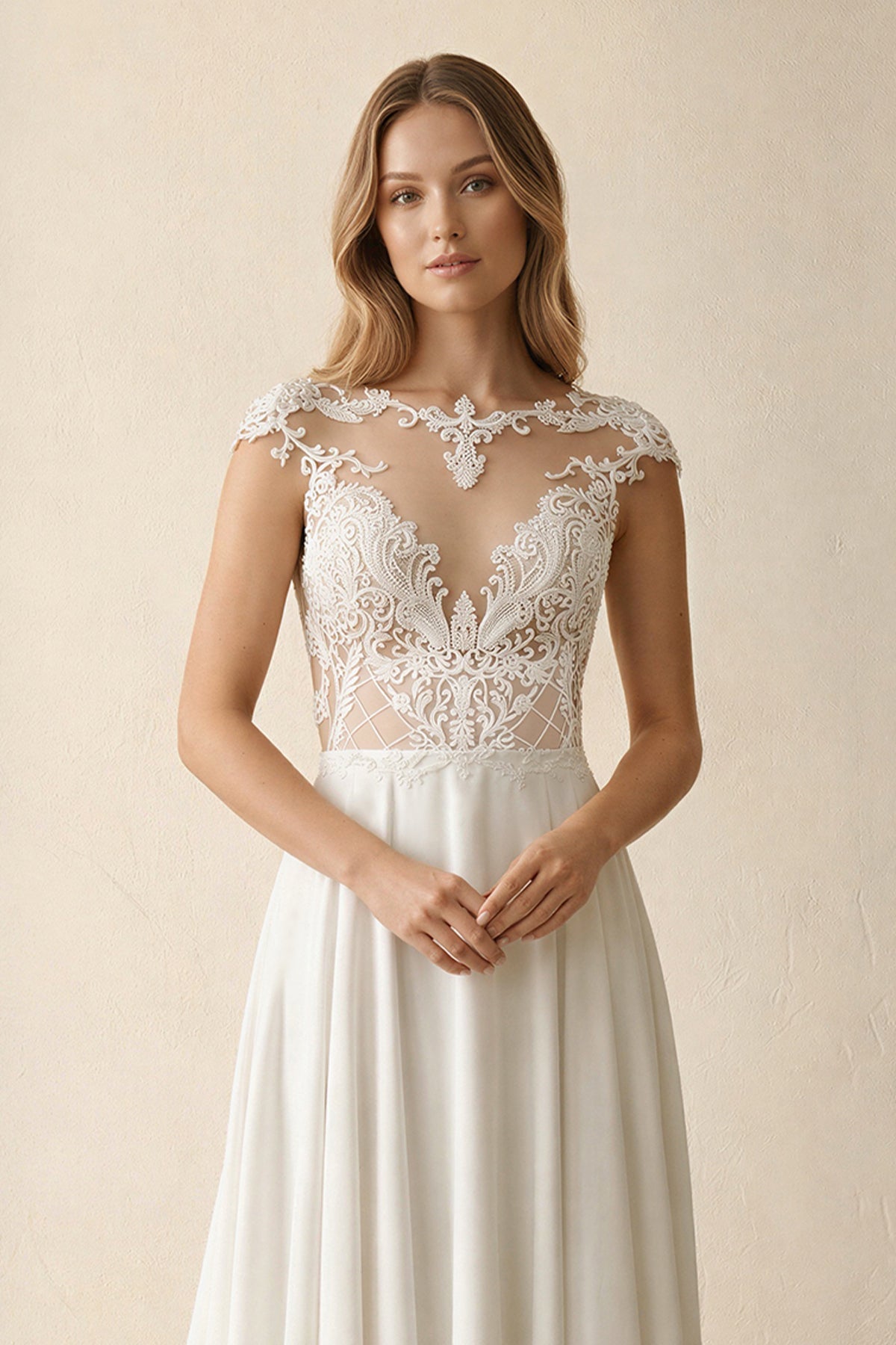 A-Line Cap Sleeve Long Backless Wedding Dresses with Appliques