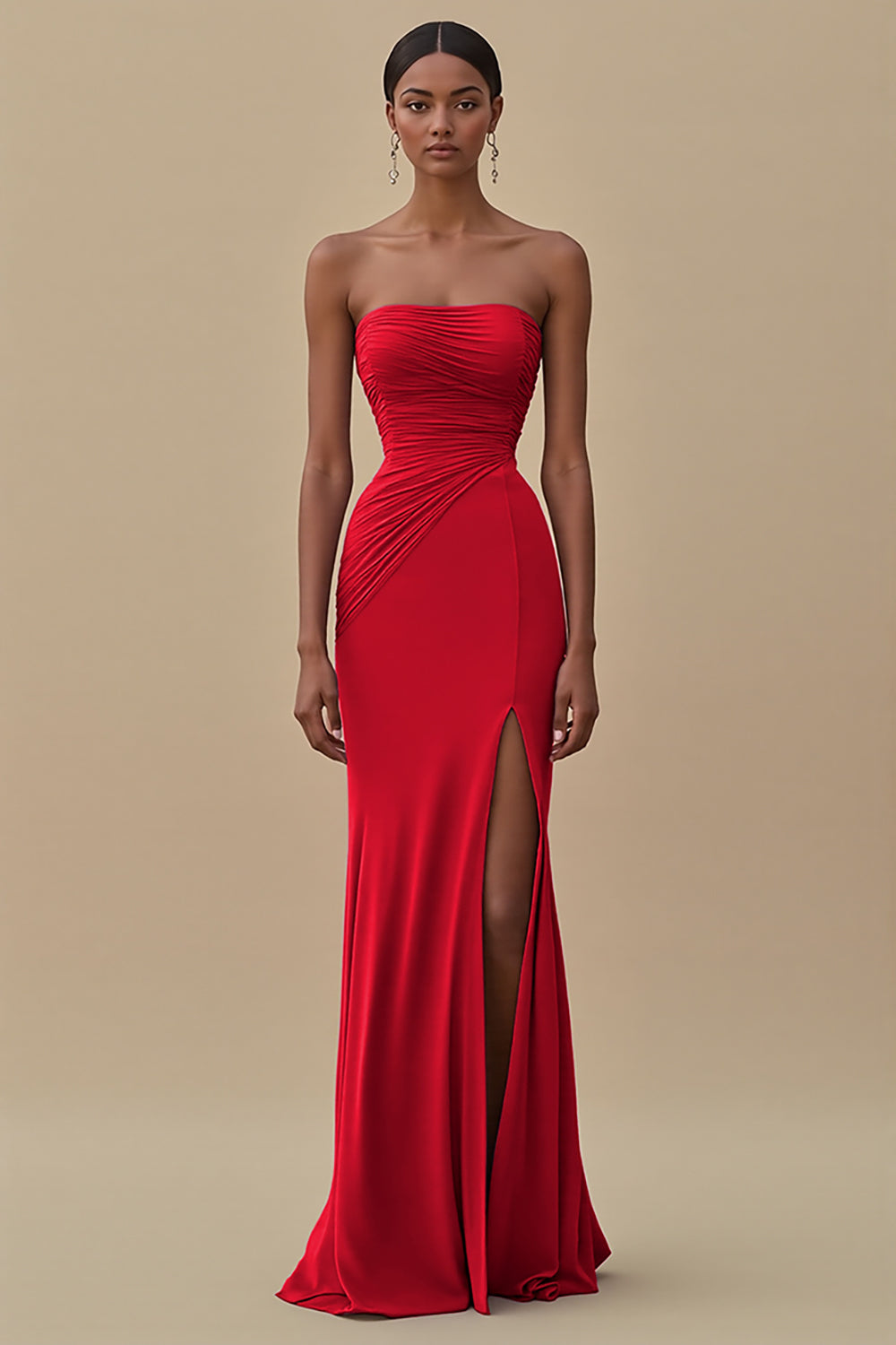 Elegant Black Chiffon Sheath Strapless Ruched Long Formal Dress with Slit
