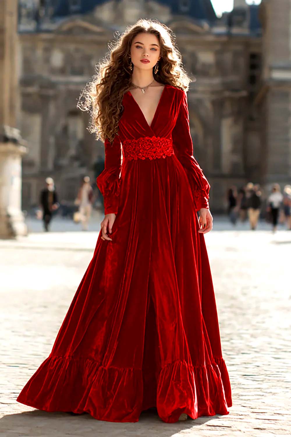 Brown Velvet A Line V-Neck Long Sleeves Formal Dress with Ruffles