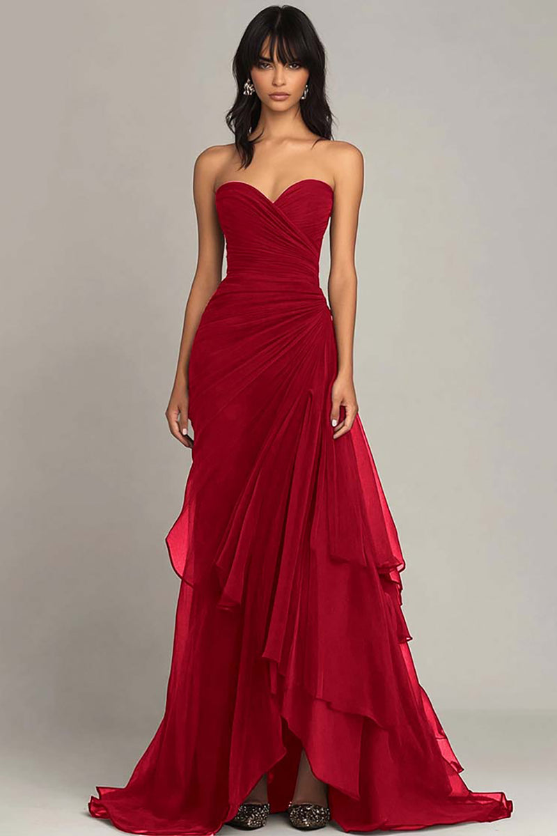 Dark Brown Sweetheart Ruched Long Formal Dress with Ruffles