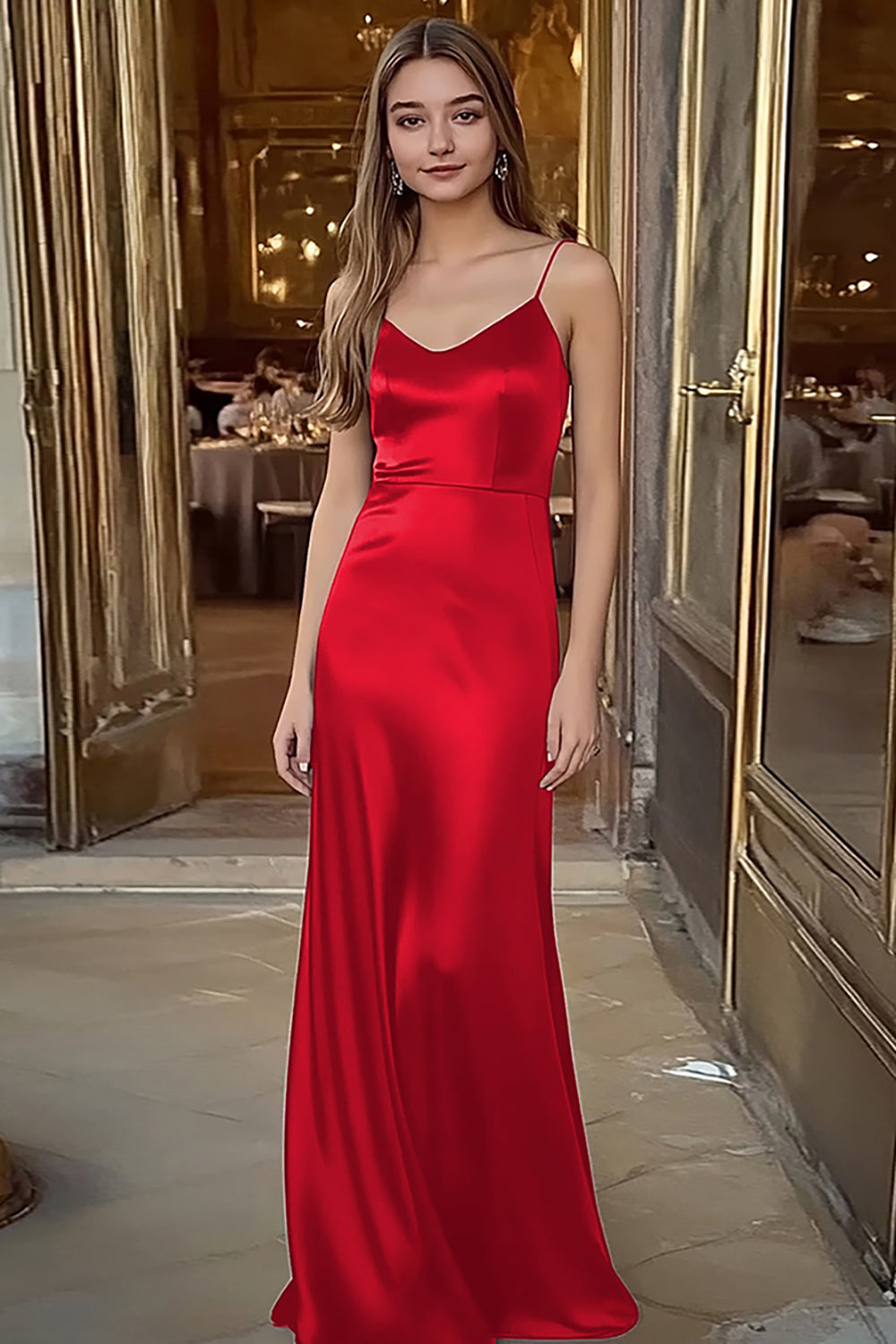 Royal Blue Satin Spaghetti Straps Long Sheath Formal Dress