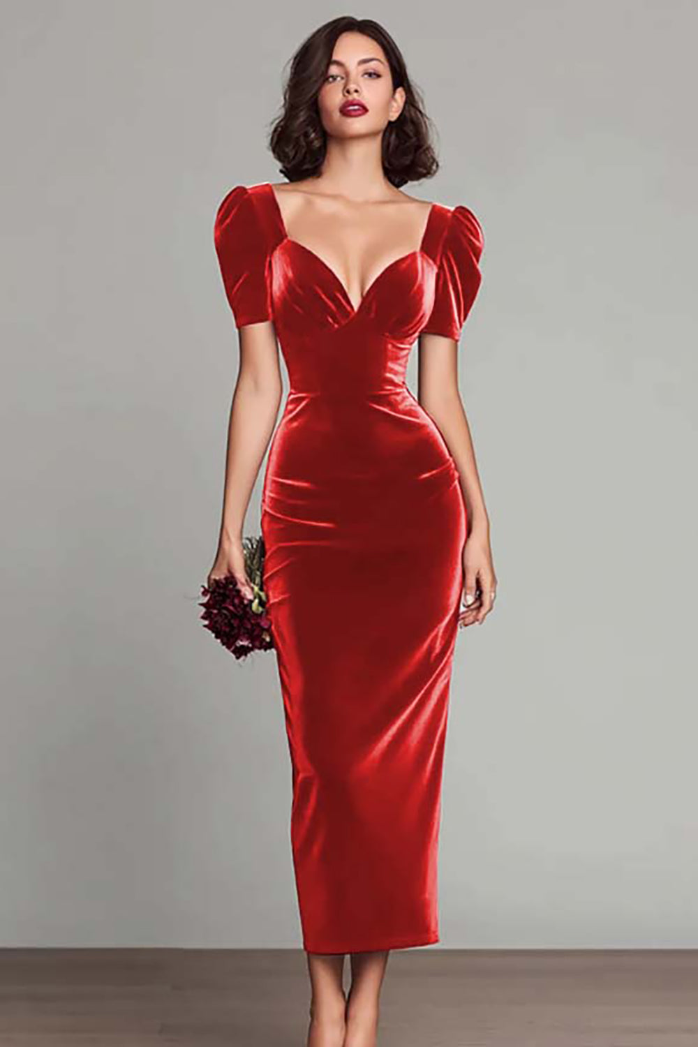 Simple Burgundy Velvet Sheath Long Holiday Party Dress with Sleeves