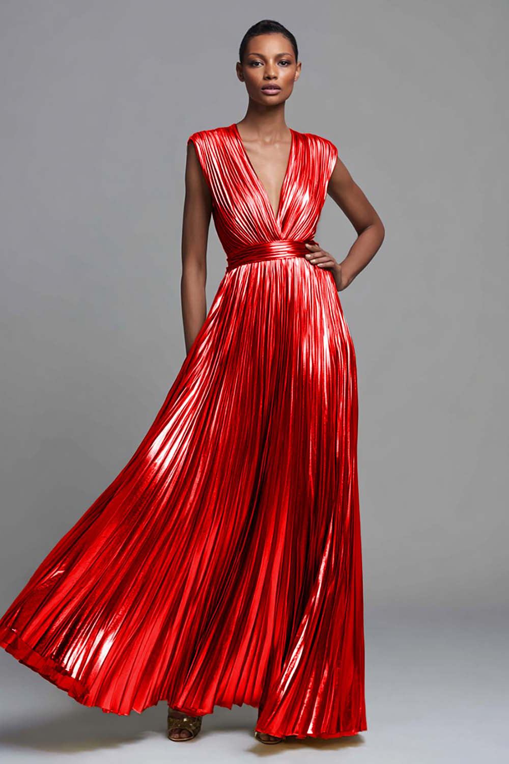 Sparkly Gold Deep V-Neck Metallic Pleated A-Line Long Formal Dress