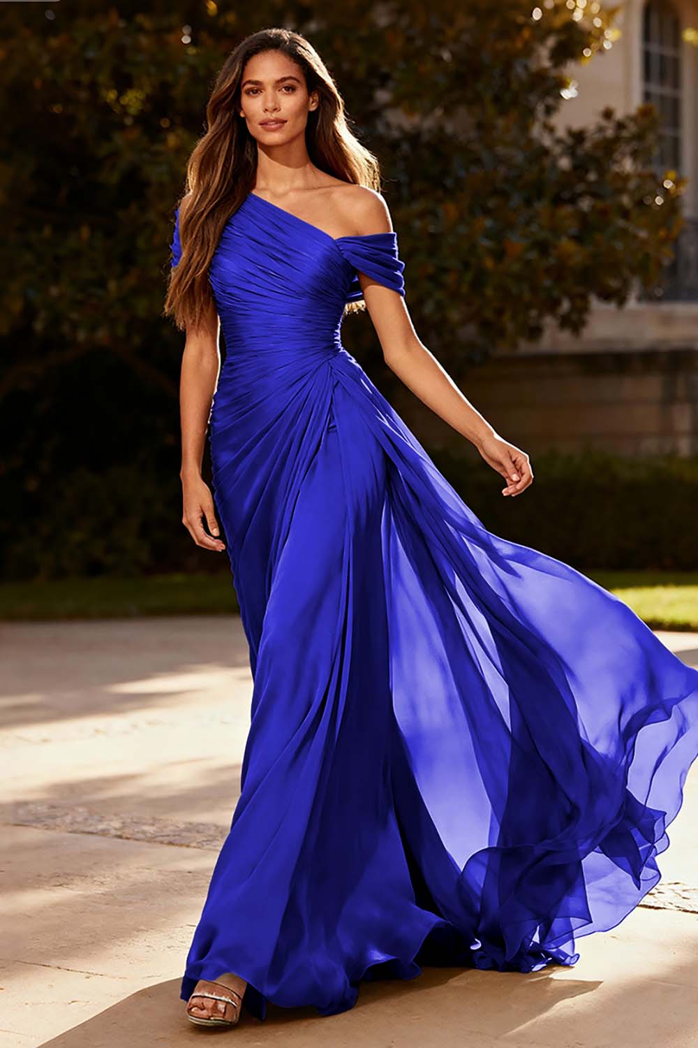 Plus Size Dusty Sage Chiffon A Line Ruched Long Formal Dress with Side Cape