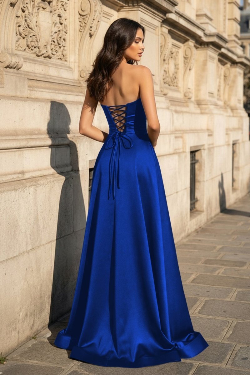 A Line Black Strapless Satin Prom Dresses With Slit