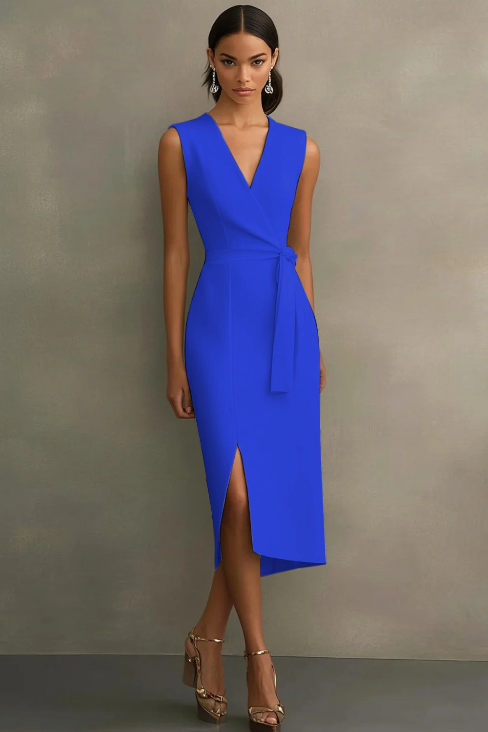 Dusty Rose Satin V-Neck Midi Formal Dress with Belt