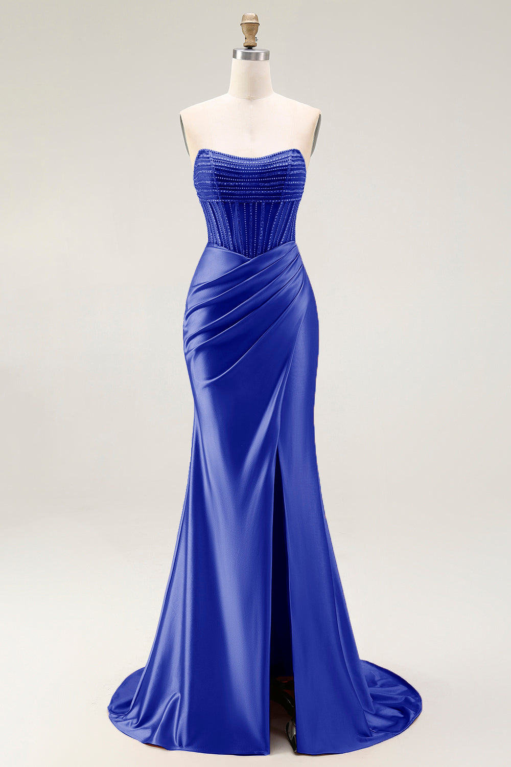 Sparkly Blush Mermaid Strapless Ruched Long Prom Dress with Slit