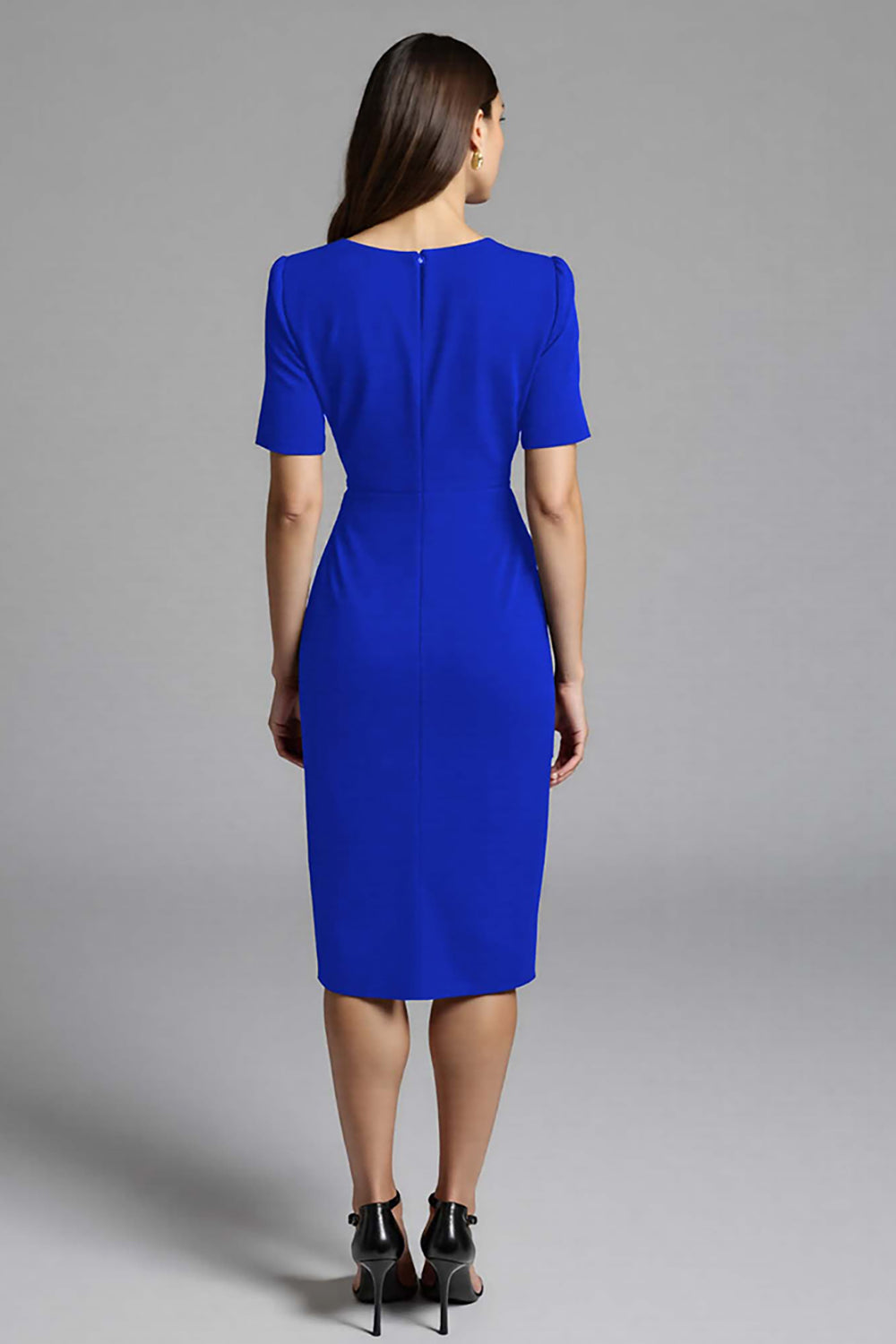 Royal Blue Bodycon V-Neck Midi Satin Work Dress with Short Sleeves