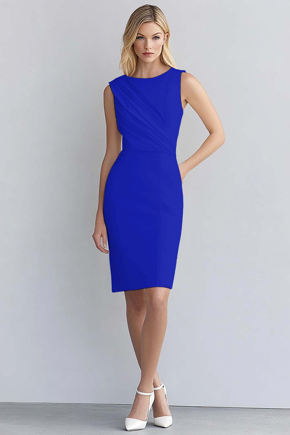 Dusty Blue Bodycon Ruched Scoop Neck Sleeveless Short Work Dress