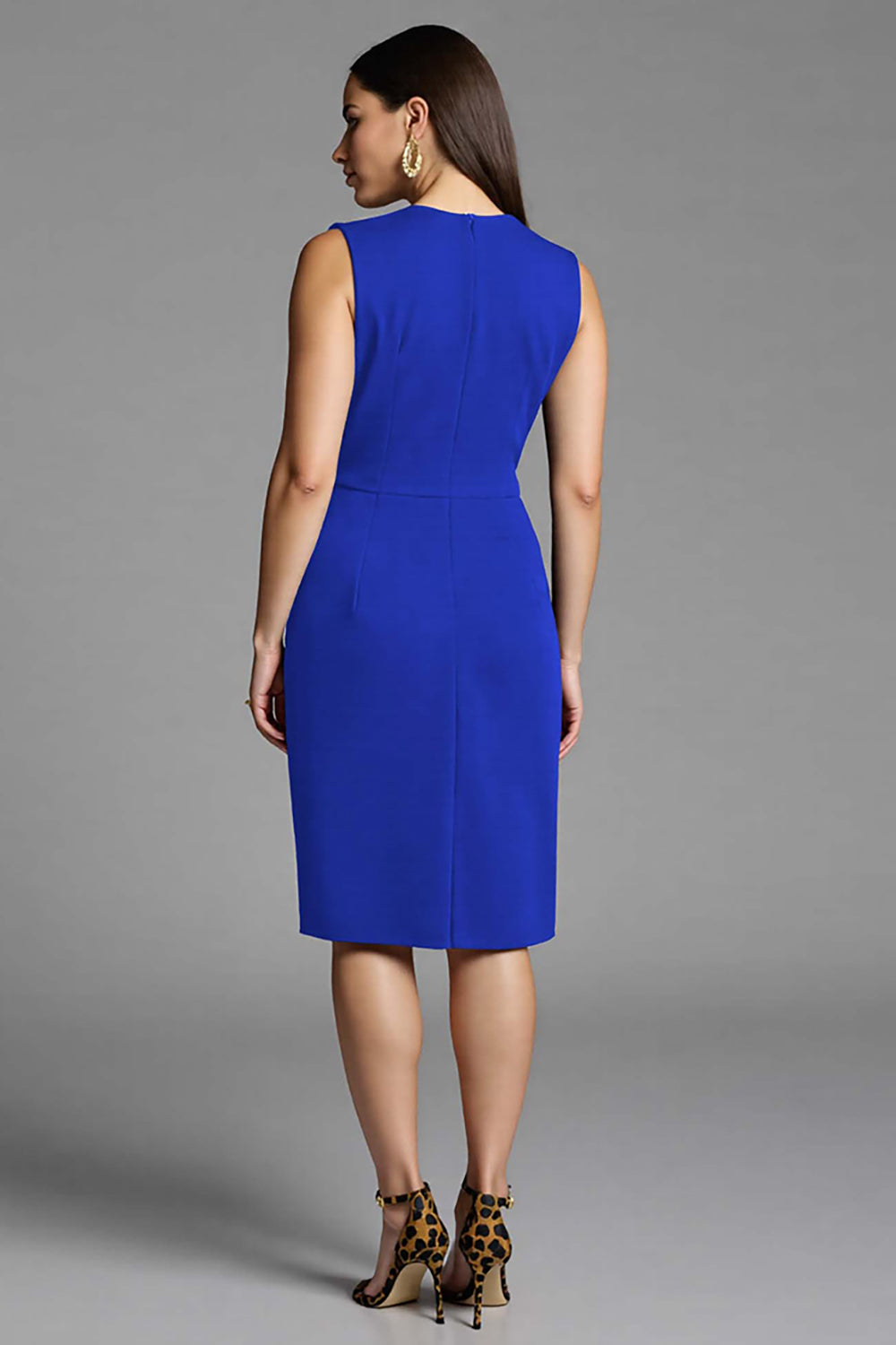 Royal Blue Satin Bodycon Ruched V-Neck Midi Work Dress