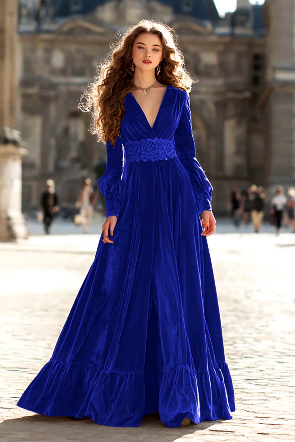Brown Velvet A Line V-Neck Long Sleeves Formal Dress with Ruffles