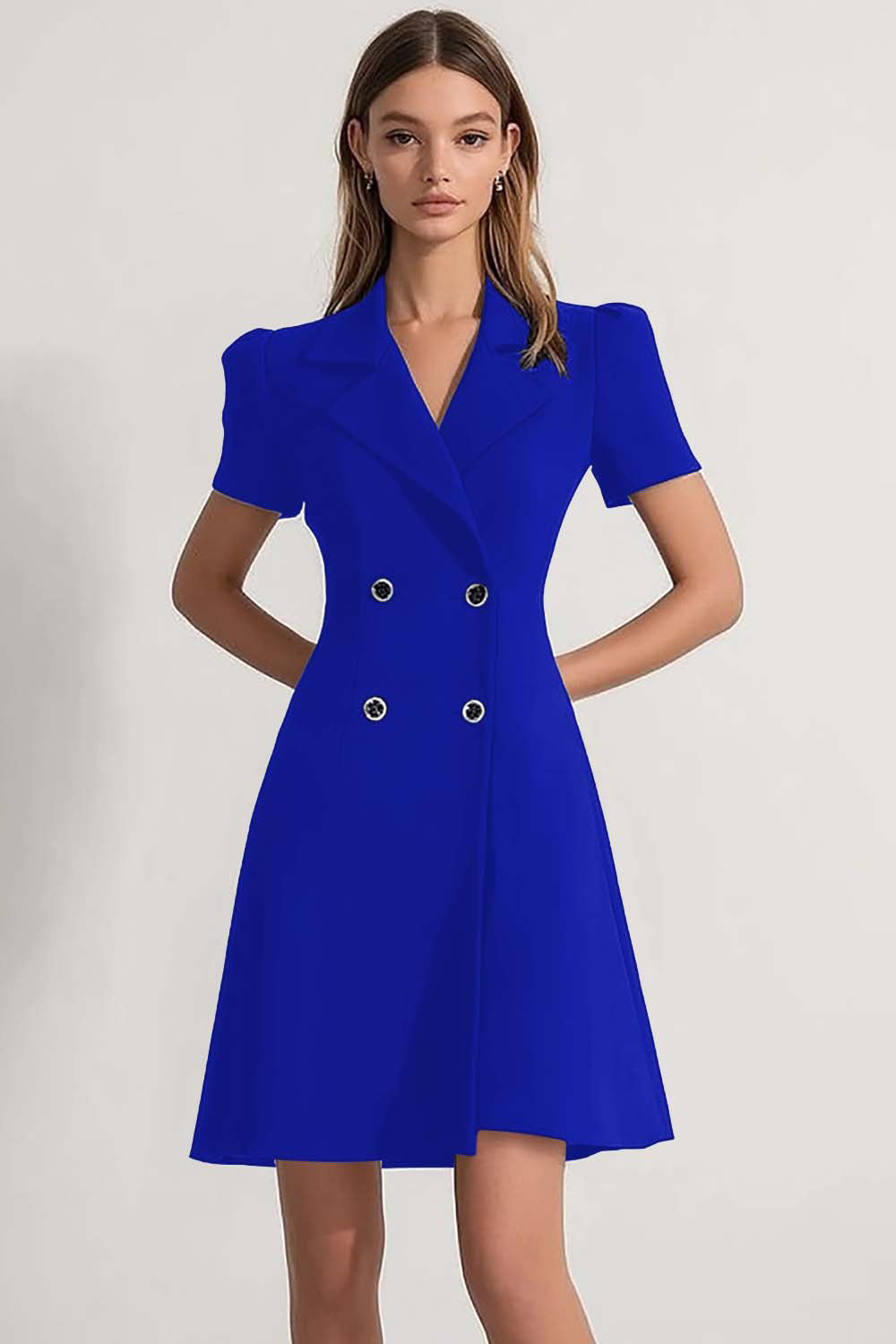 Navy A Line Notched Lapel Double Breasted Short Work Blazer Dress with Sleeves