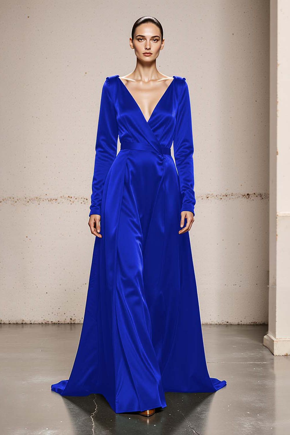Peacock Green V-Neck Satin A Line Long Formal Dress with Sleeves