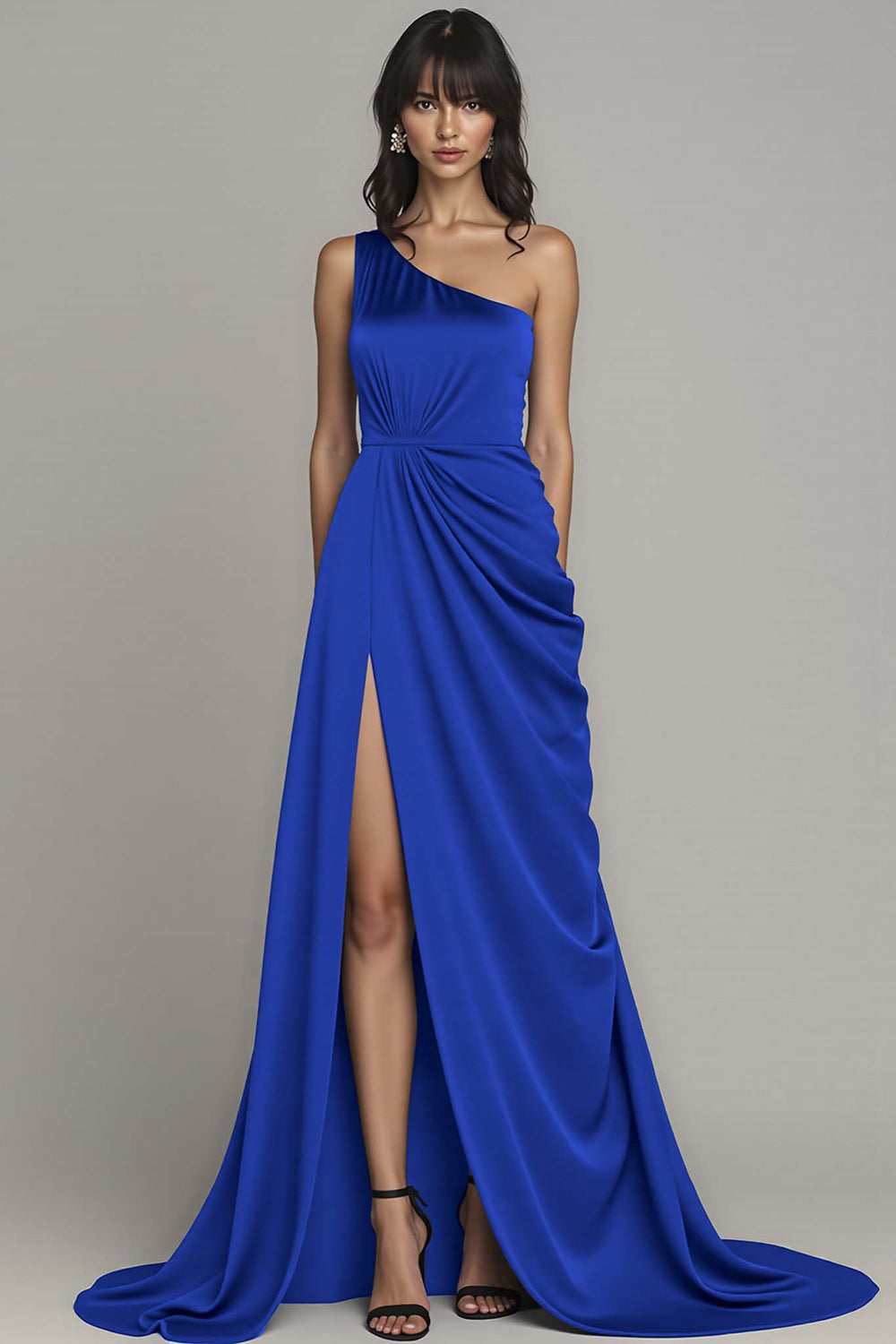 Peacock Satin A Line One Shoulder Satin Long Formal Dress with Slit