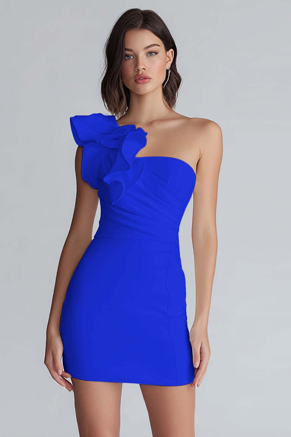 Ivory One Shoulder Satin Short Tight Graduation Dress