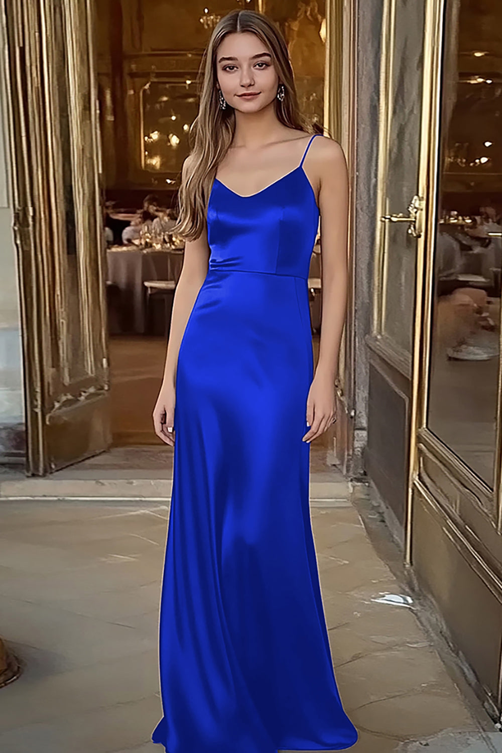 Royal Blue Satin Spaghetti Straps Long Sheath Formal Dress