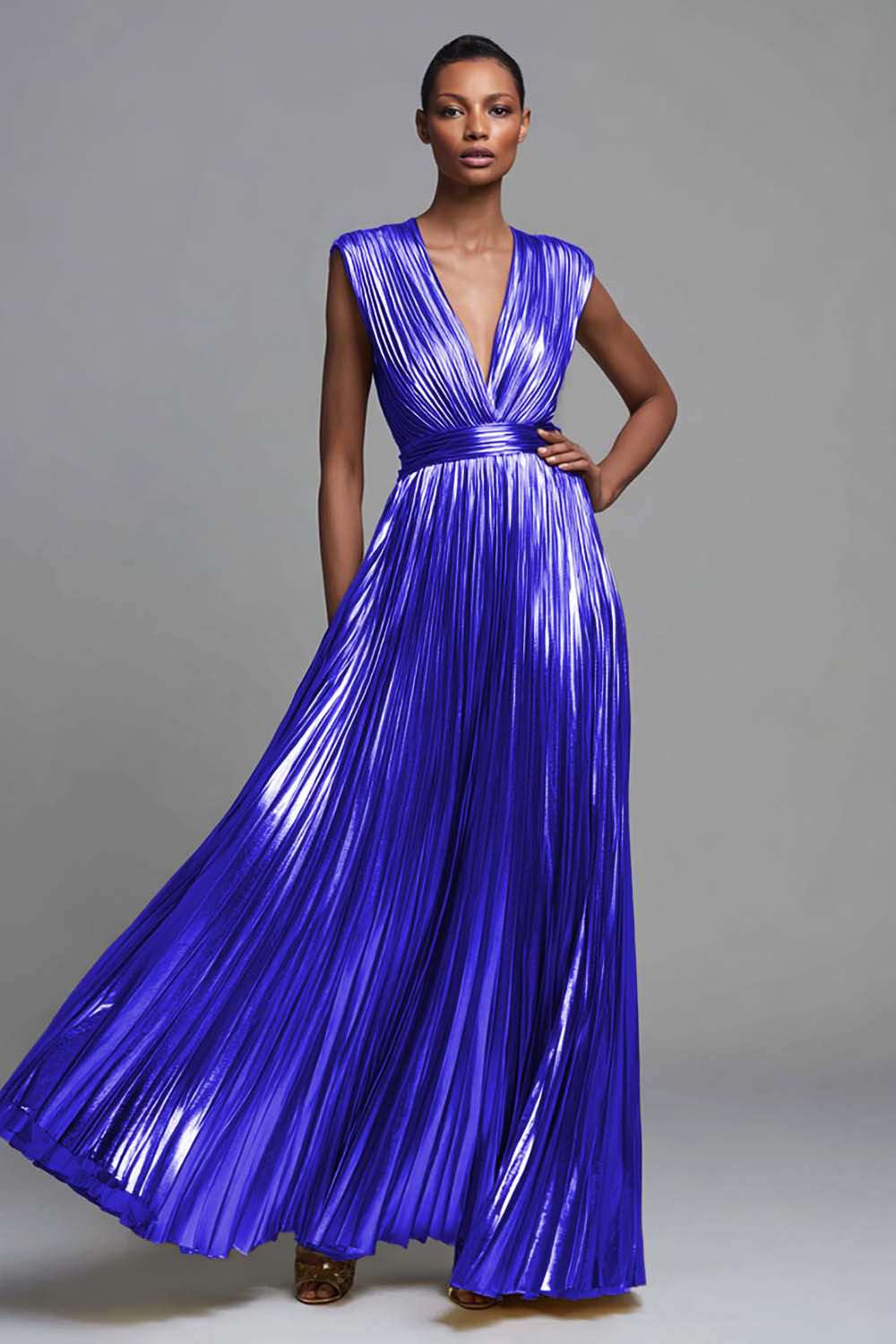 Sparkly Gold Deep V-Neck Metallic Pleated A-Line Long Formal Dress