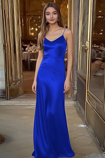 Royal Blue Satin Spaghetti Straps Long Sheath Formal Dress