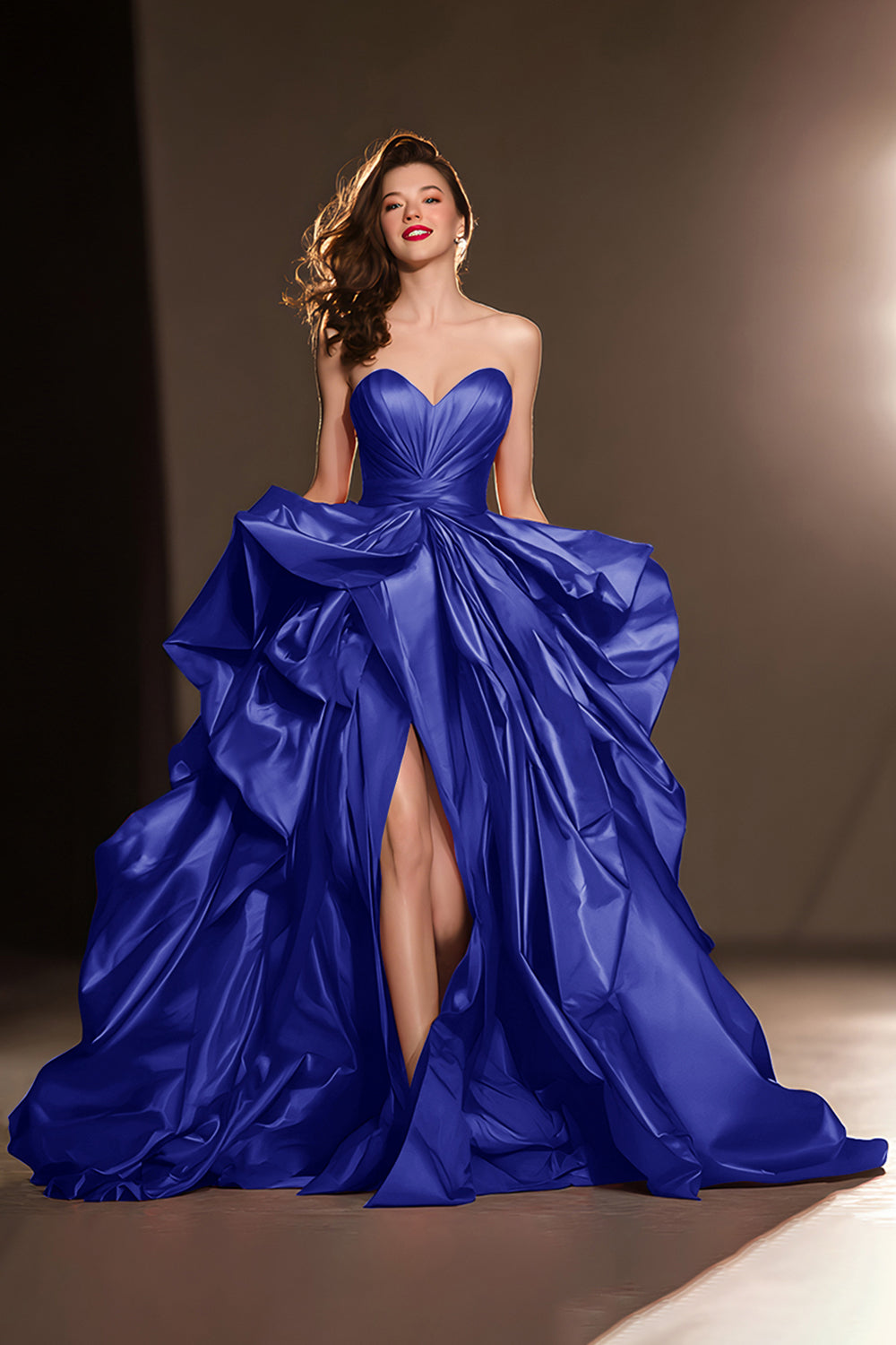 Dark Red Sweetheart Ruffled Ball Gown Long Masquerade Ball Dress with Slit