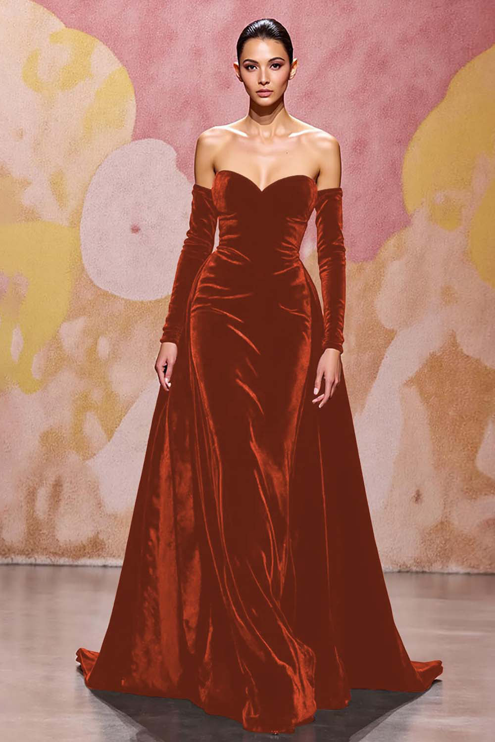 Plus Size Dark Red Velvet A Line Long Off the Shoulder Evening Dress