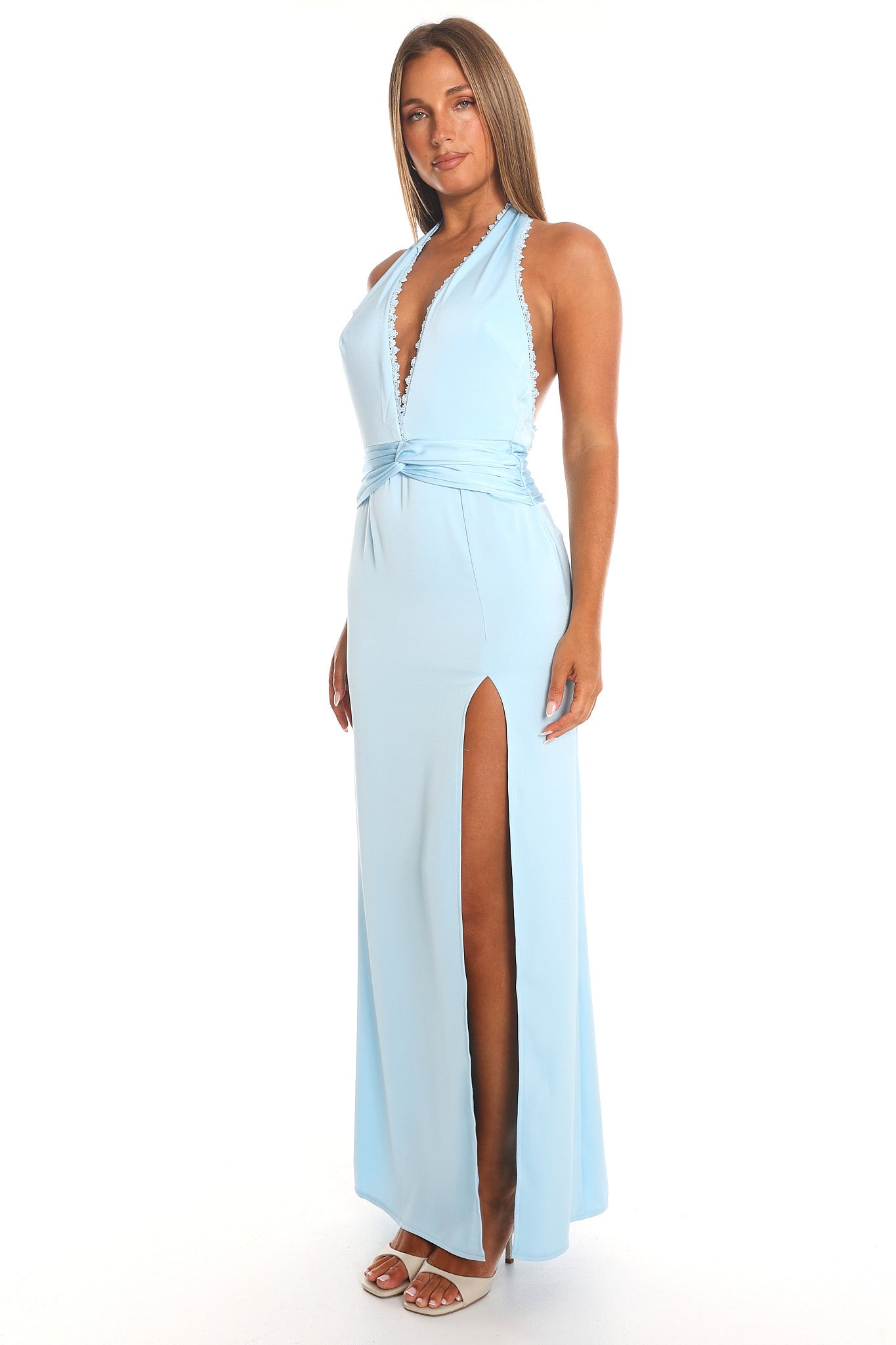 Sky Whisper Plunge Halter Maxi Dress Baby Blue