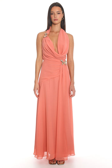 La Isla Cowl Halter Maxi Dress Coral