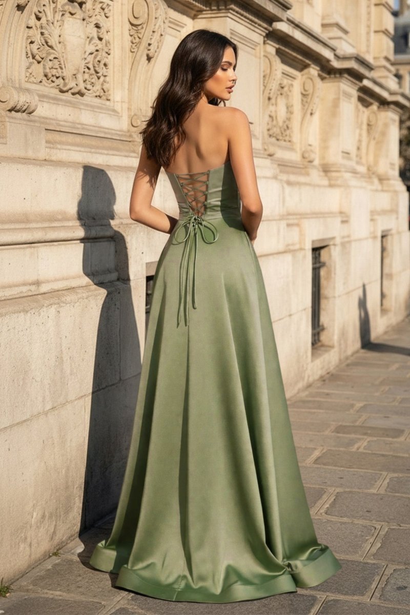 A Line Black Strapless Satin Prom Dresses With Slit