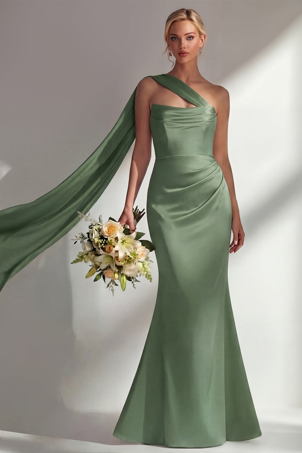 Burgundy Satin Mermaid Neck Scarf Ruched Long Prom Dress