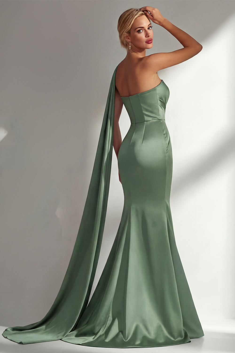 Burgundy Satin Mermaid Neck Scarf Ruched Long Prom Dress