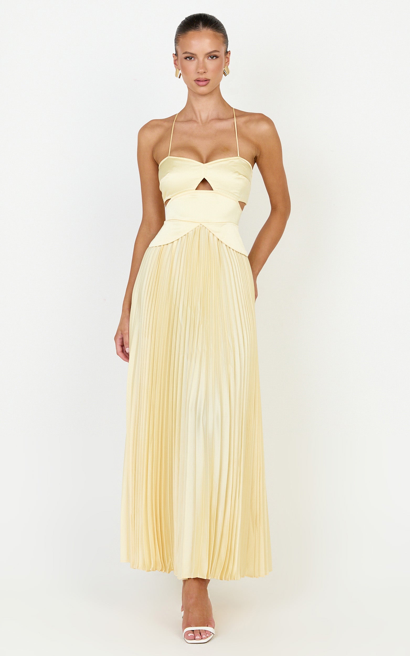 Shay Maxi Dress - Sweetheart Cut Out Pleated Dress in Lemon