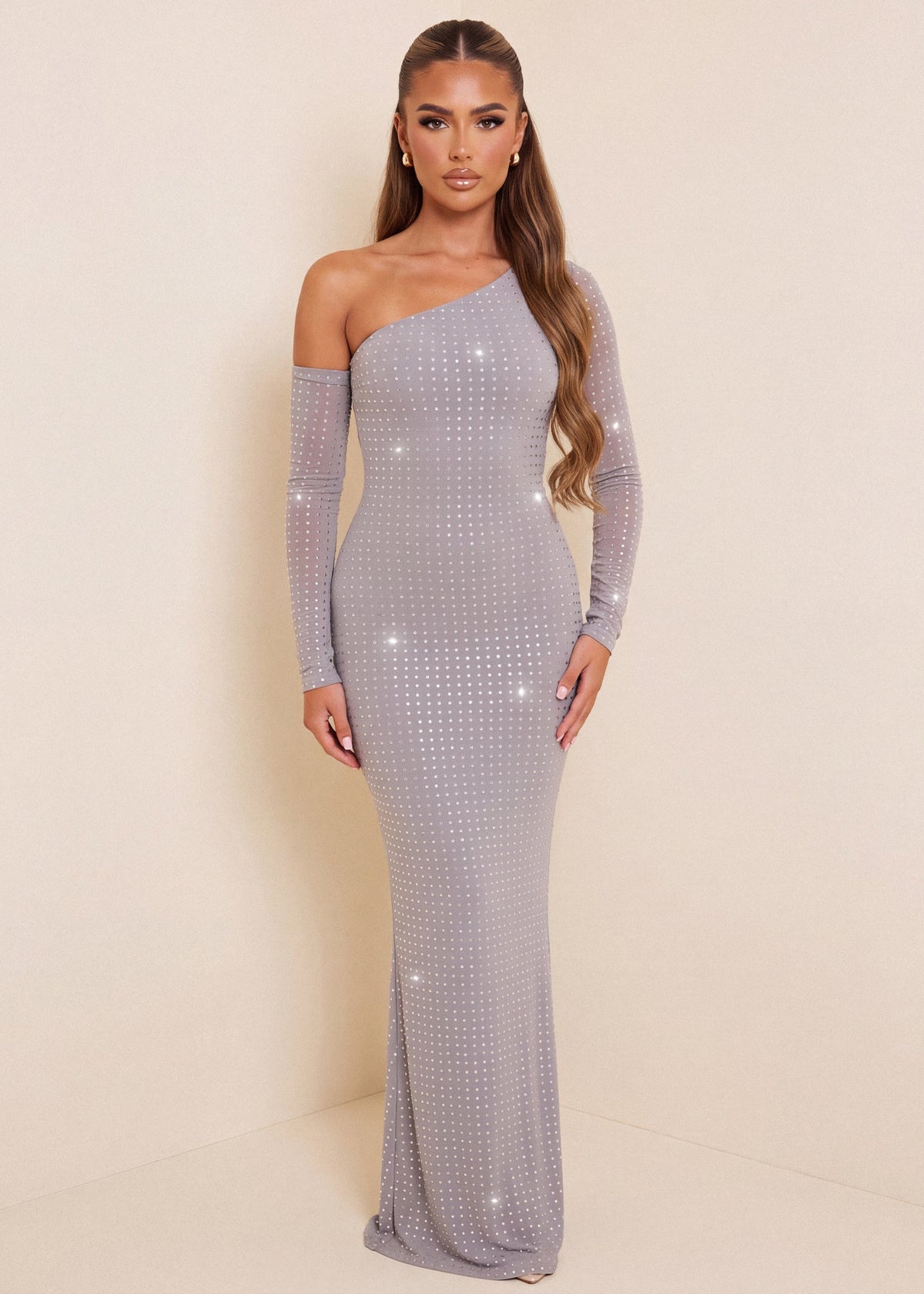 Show Stopper Asymmetric Long Sleeve Maxi Dress - Silver