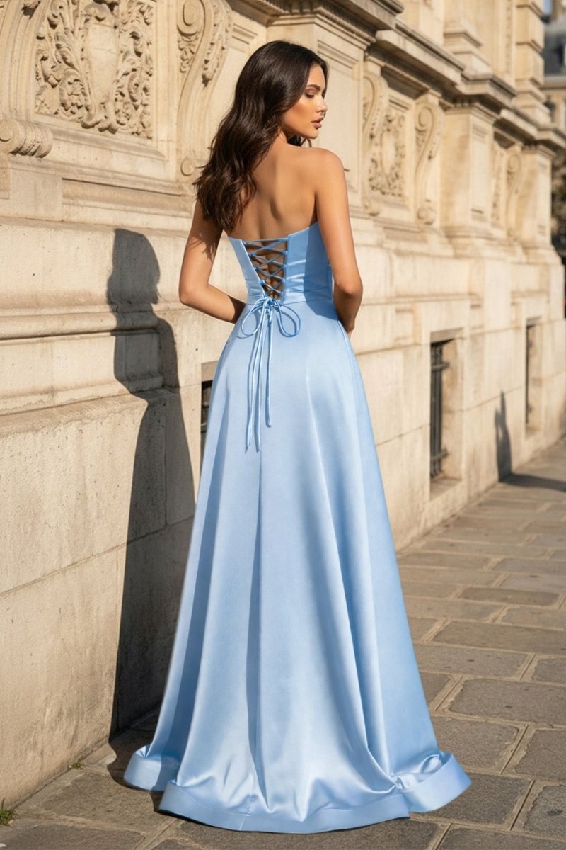 A Line Black Strapless Satin Prom Dresses With Slit