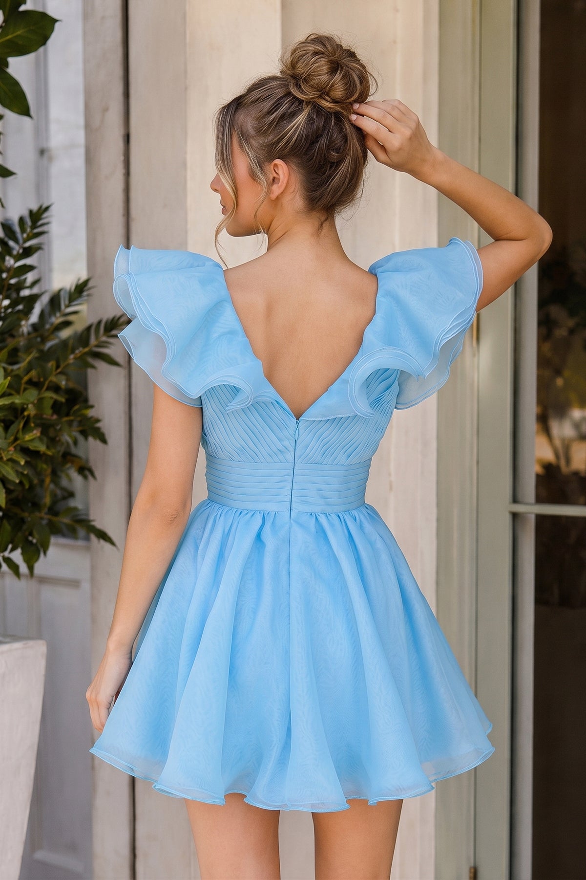 A Line V Neck Organza Ruffles Homecoming Dress