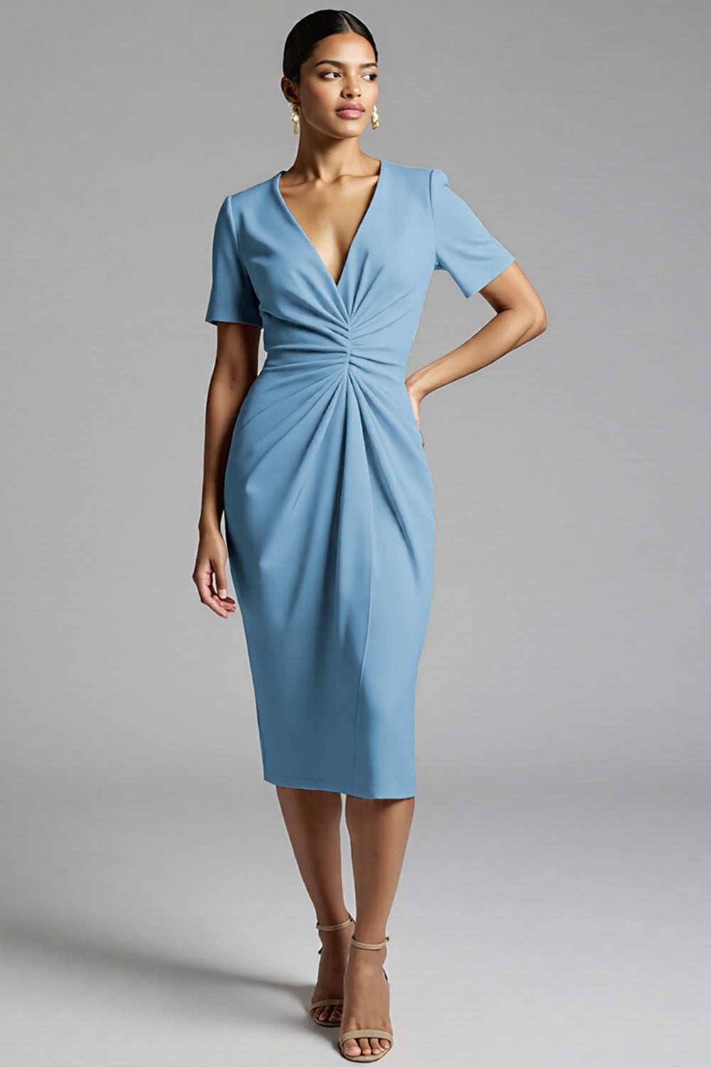 Tahiti V-Neck Bodycon Midi Satin Work Dress with Short Sleeves