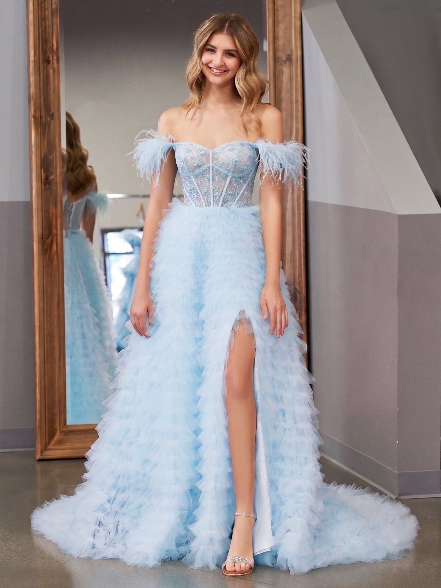 A Line Sweetheart Tiered Tulle Long Prom Dress With Slit