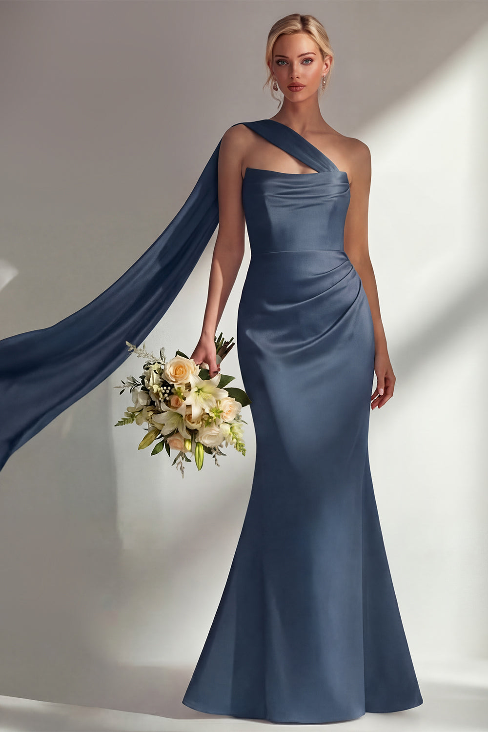 Burgundy Satin Mermaid Neck Scarf Ruched Long Prom Dress