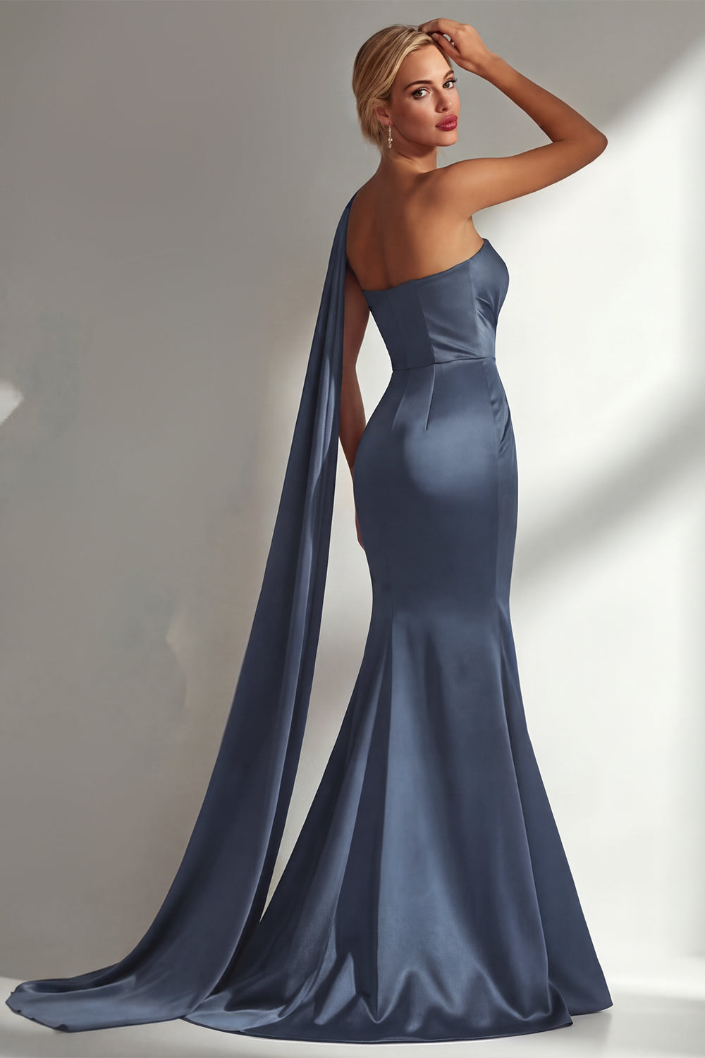 Burgundy Satin Mermaid Neck Scarf Ruched Long Prom Dress