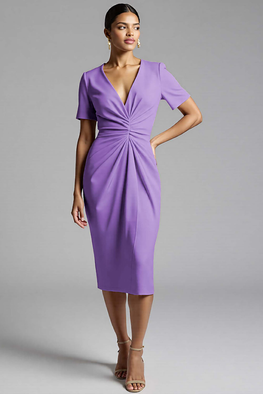 Tahiti V-Neck Bodycon Midi Satin Work Dress with Short Sleeves