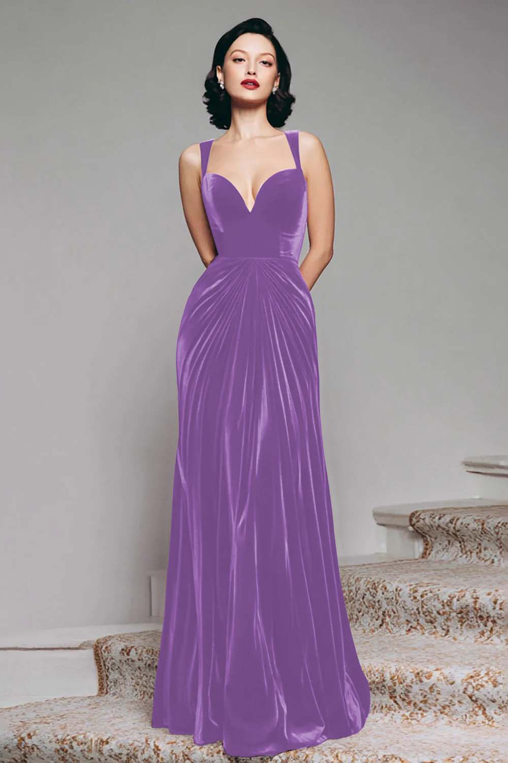 Burgundy Velvet Mermaid Thick Straps Ruched Long Holiday Party Dress