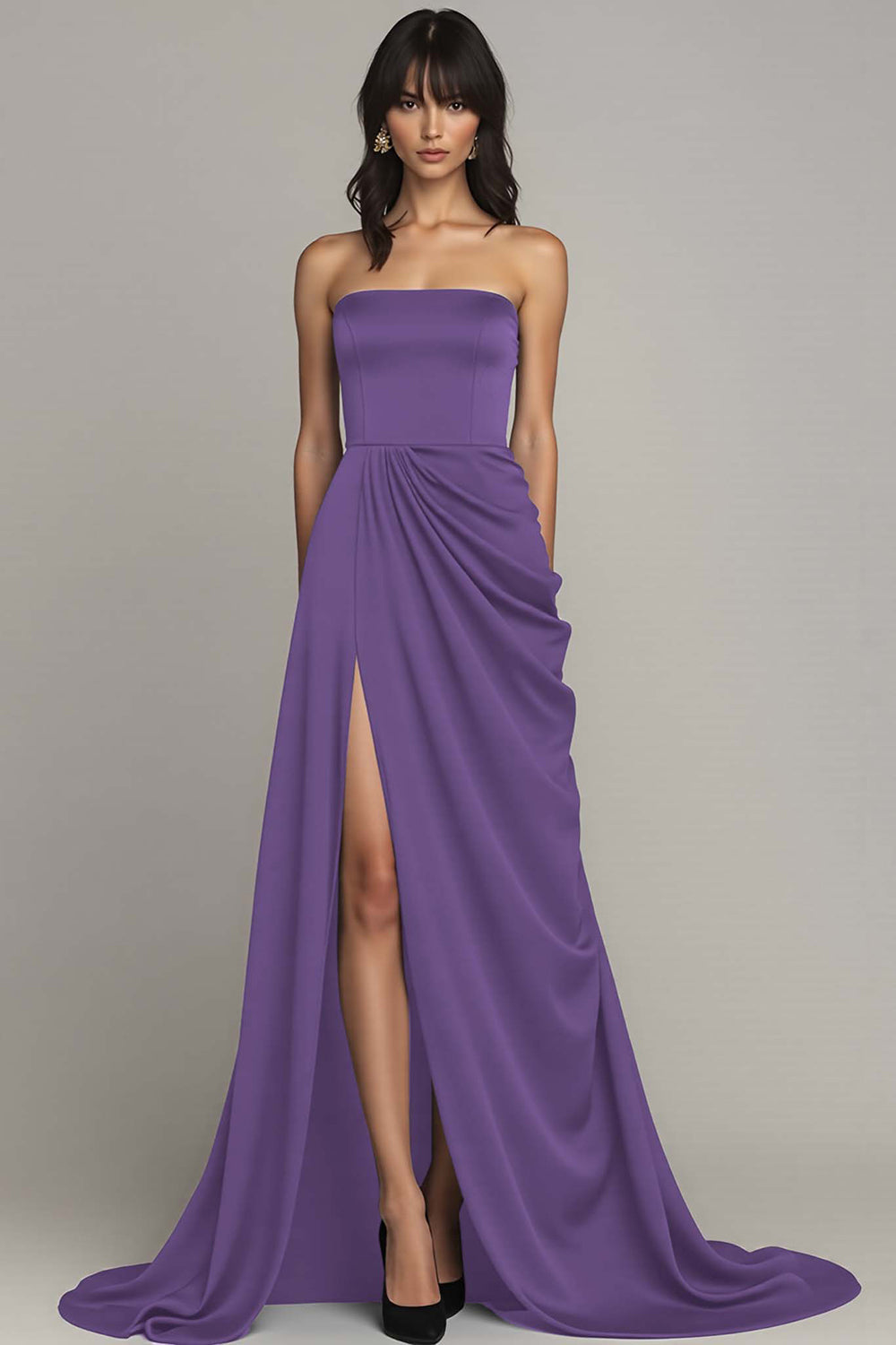 Peacock Strapless A Line Long Satin Formal Dress with Slit
