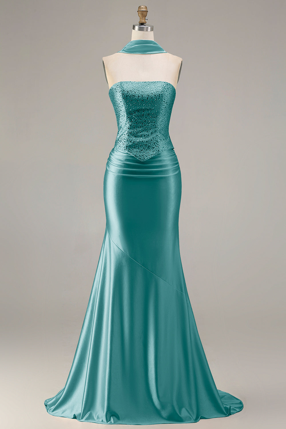 Sparkly Champagne Mermaid Neck Scarf Long Prom Dress with Beading