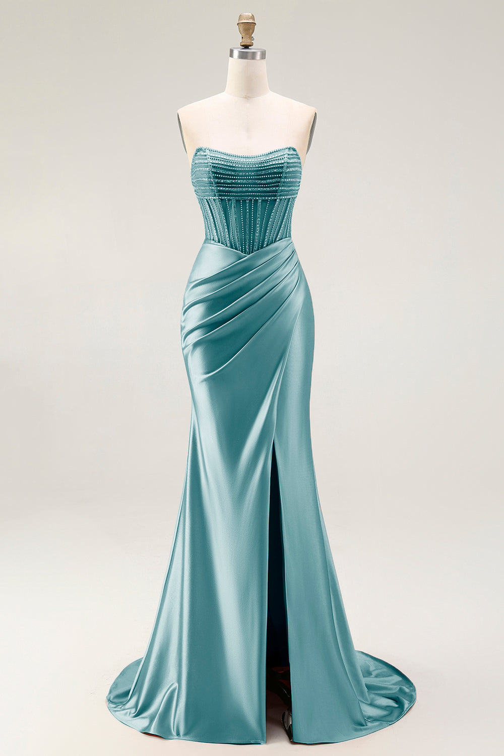 Sparkly Blush Mermaid Strapless Ruched Long Prom Dress with Slit