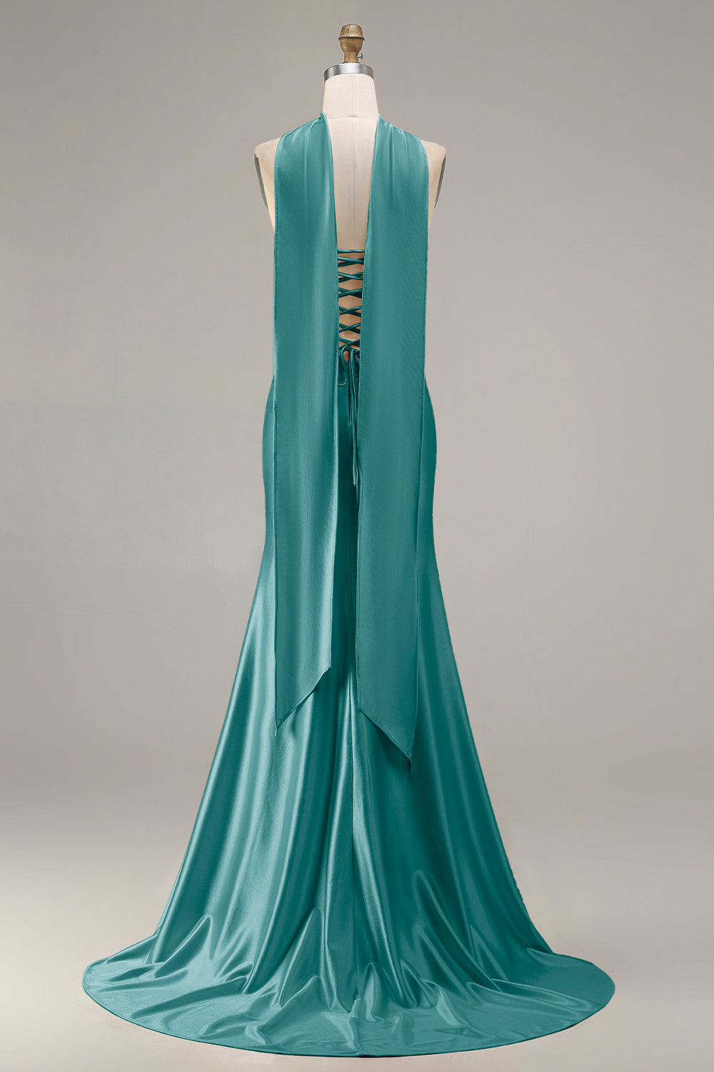 Sparkly Champagne Mermaid Neck Scarf Long Prom Dress with Beading