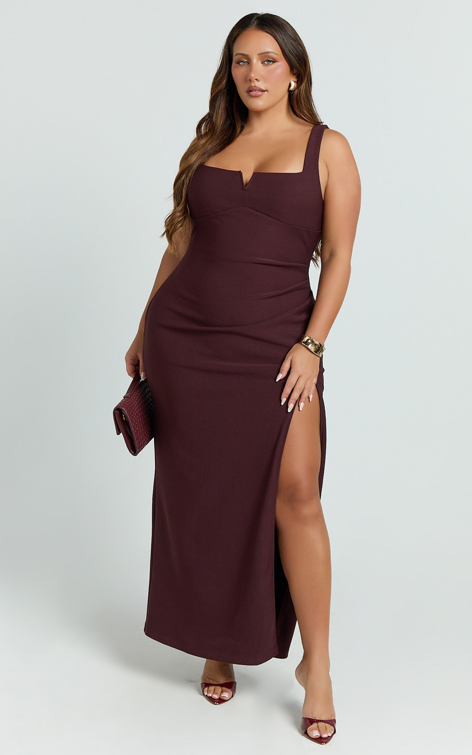 Thelma Maxi Dress - Square Neck Bodycon Dress in Wine