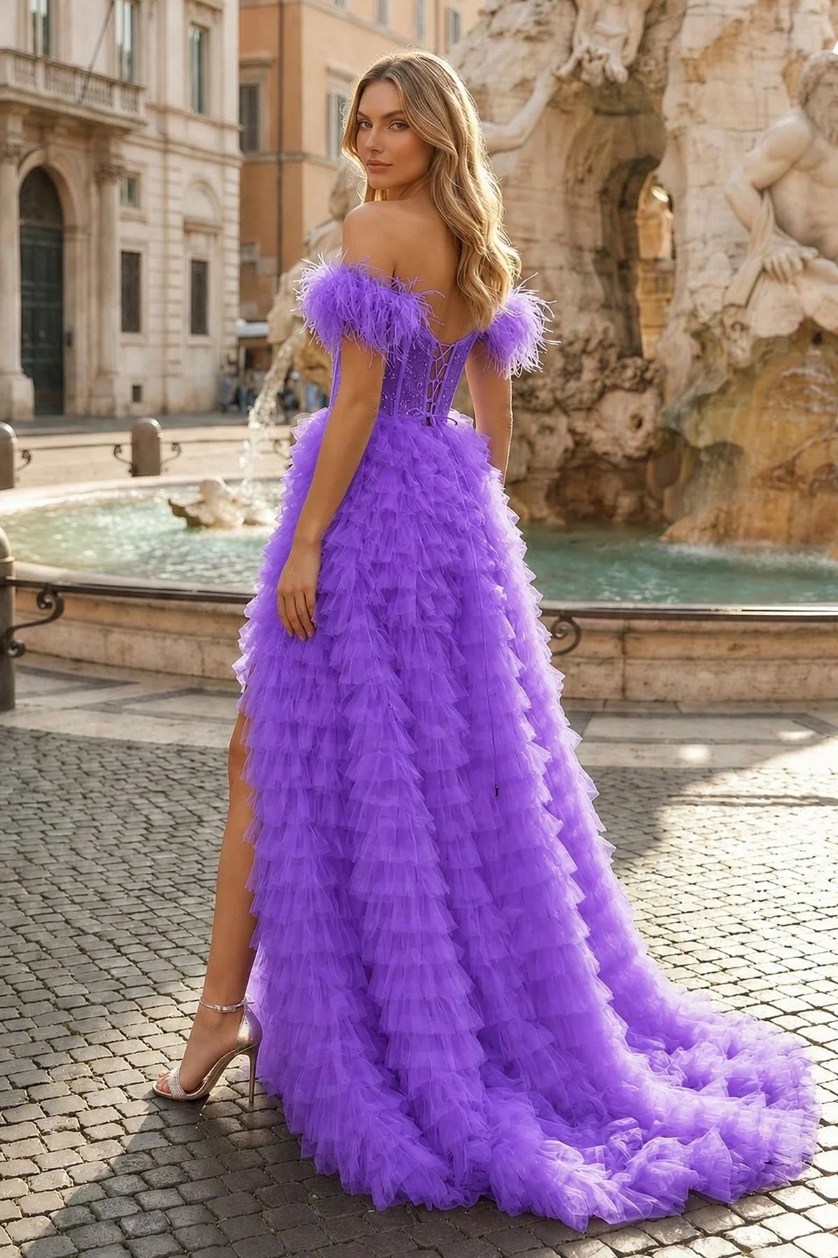 A Line Sweetheart Tiered Tulle Long Prom Dress With Slit